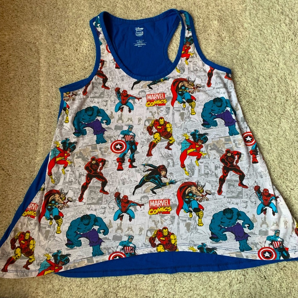🎇🎆3for$9 Marvel x Disney Racerback tank; L;heroes on front, blue back. - Picture 2 of 4